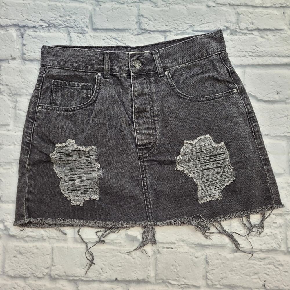 Forever 21 Distressed Frayed Black Denim Skirt size 29 Button Fly Raw Hem